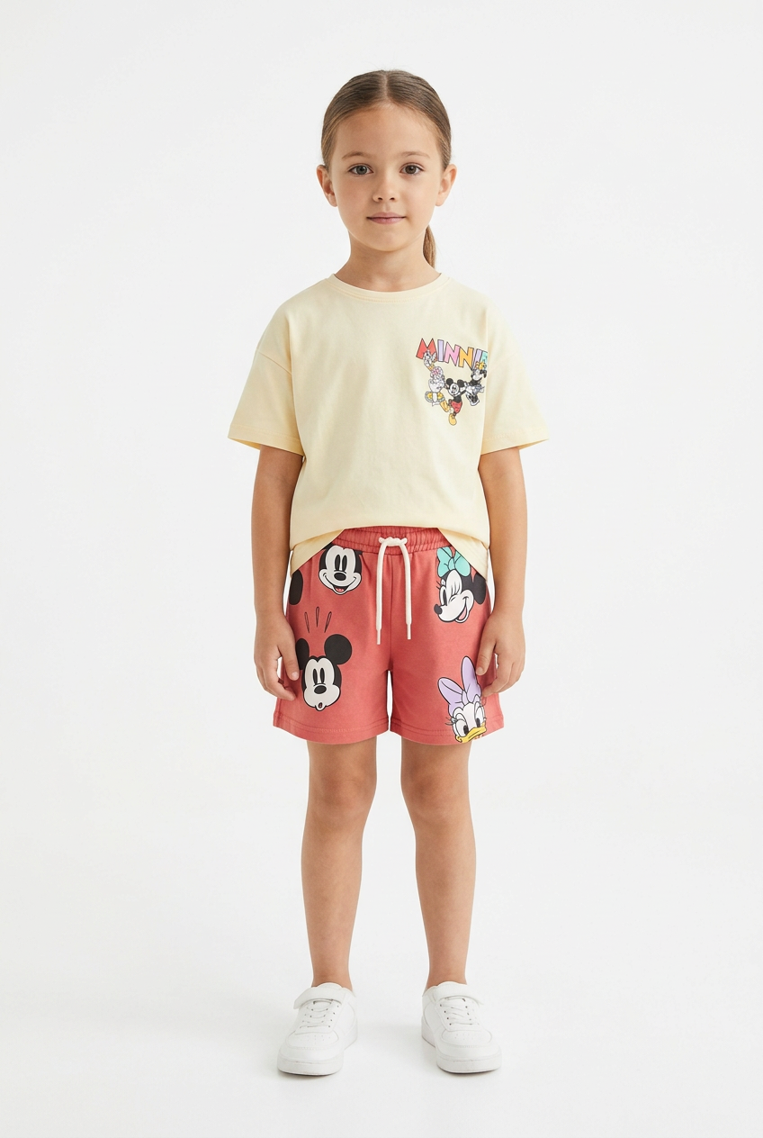 Front model view of yellow Minnie and friends top and red shorts