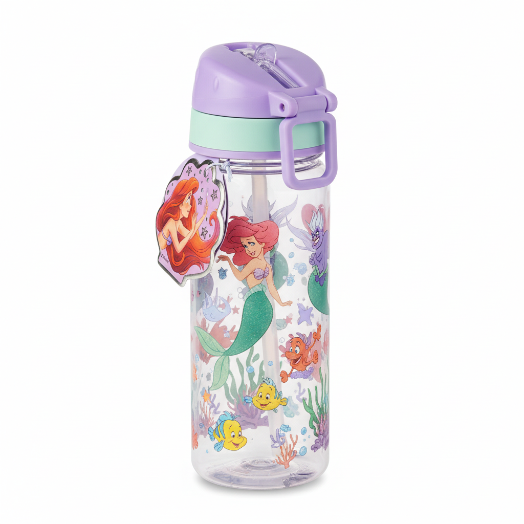 Disney Smiggle Little Mermaid Ariel water bottle top view with purple dome lid on white background