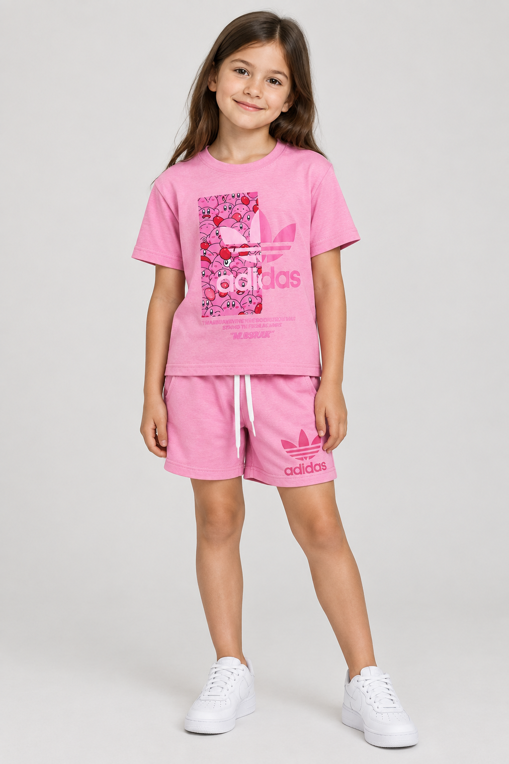 Girl wearing pink graphic T-shirt and matching shorts