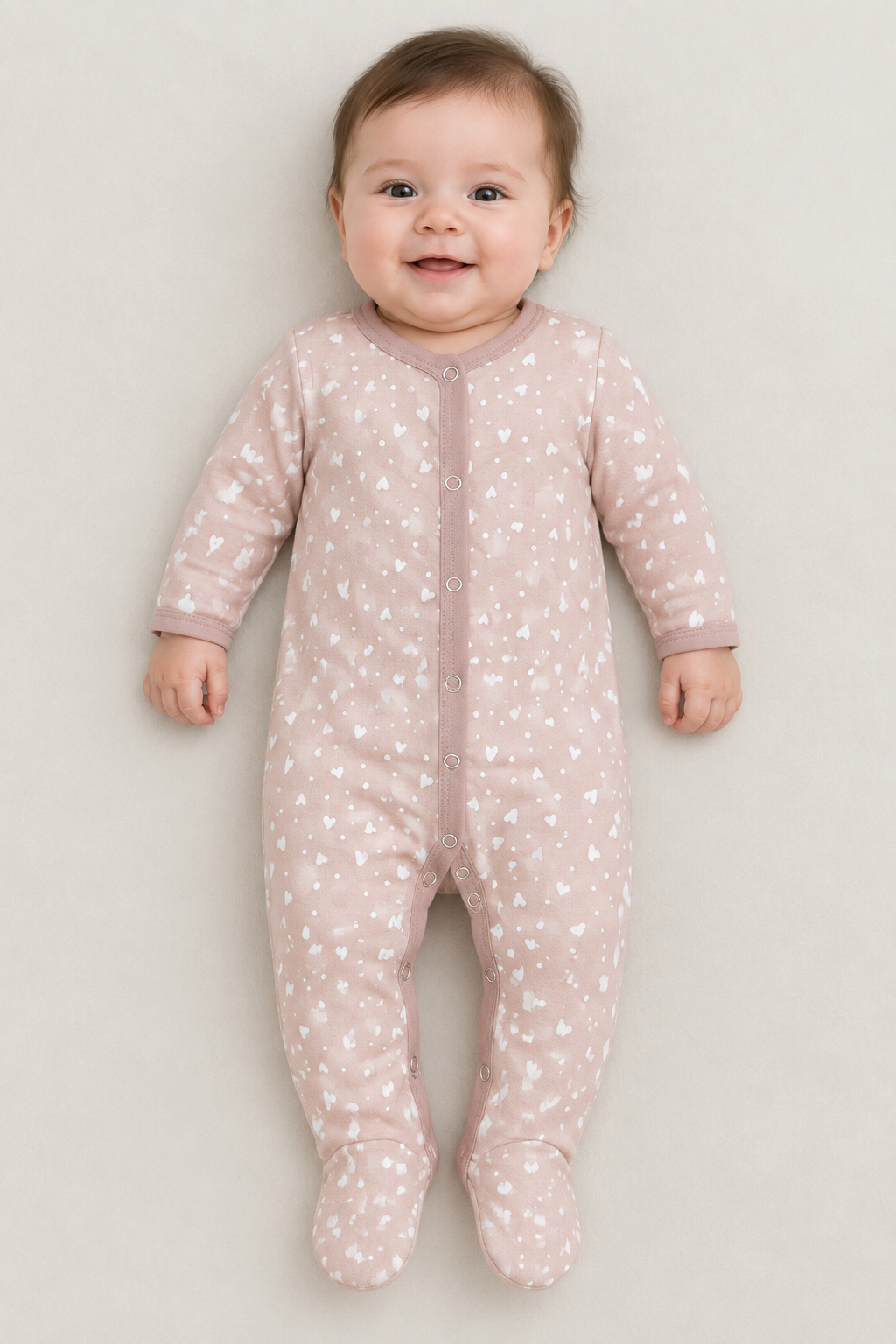 Baby girl wearing a pink heart-print footed sleepsuit