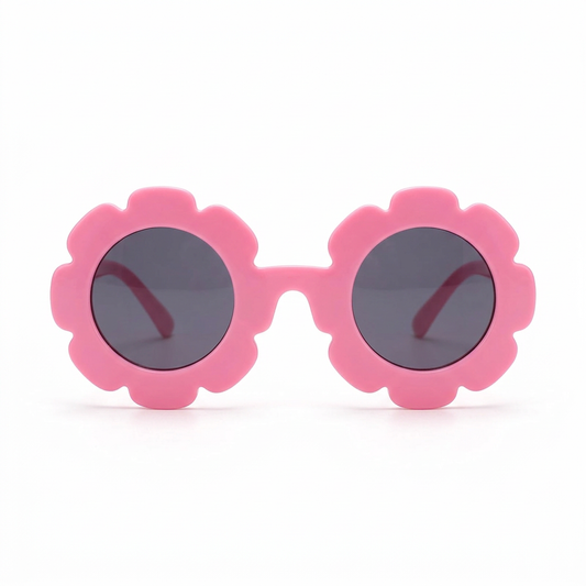 Kids’ pink flower sunglasses on a white background