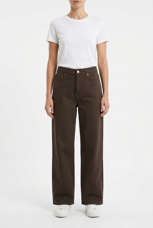 Model wearing the dark brown wide-leg pants
