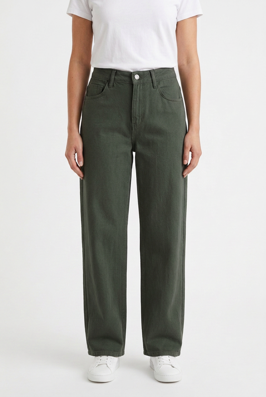 Model wearing the pants in a darker muted green