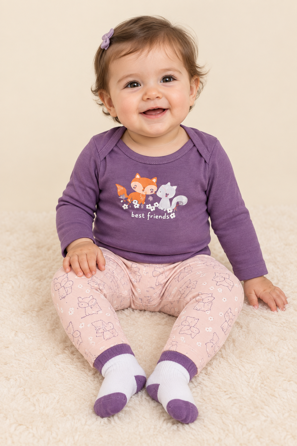 Nine-month-old girl wearing the referenced outfit without shoes