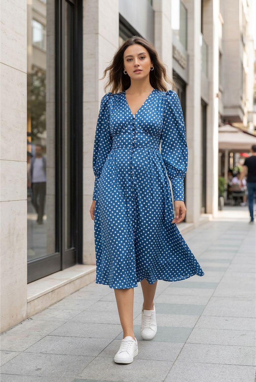 Polka dot dress in a modern street-style setting