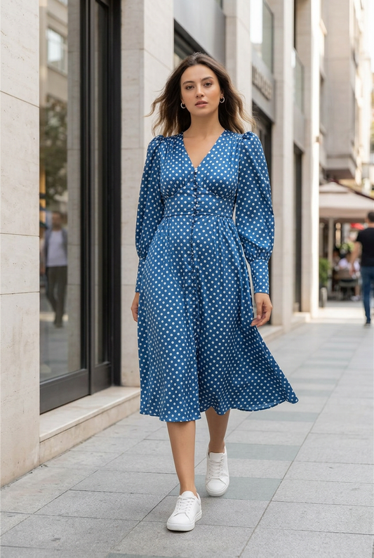 Polka dot dress in a modern street-style setting