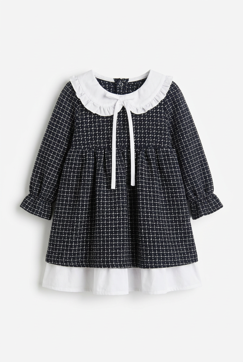 Professional studio photo of the navy and white baby dress