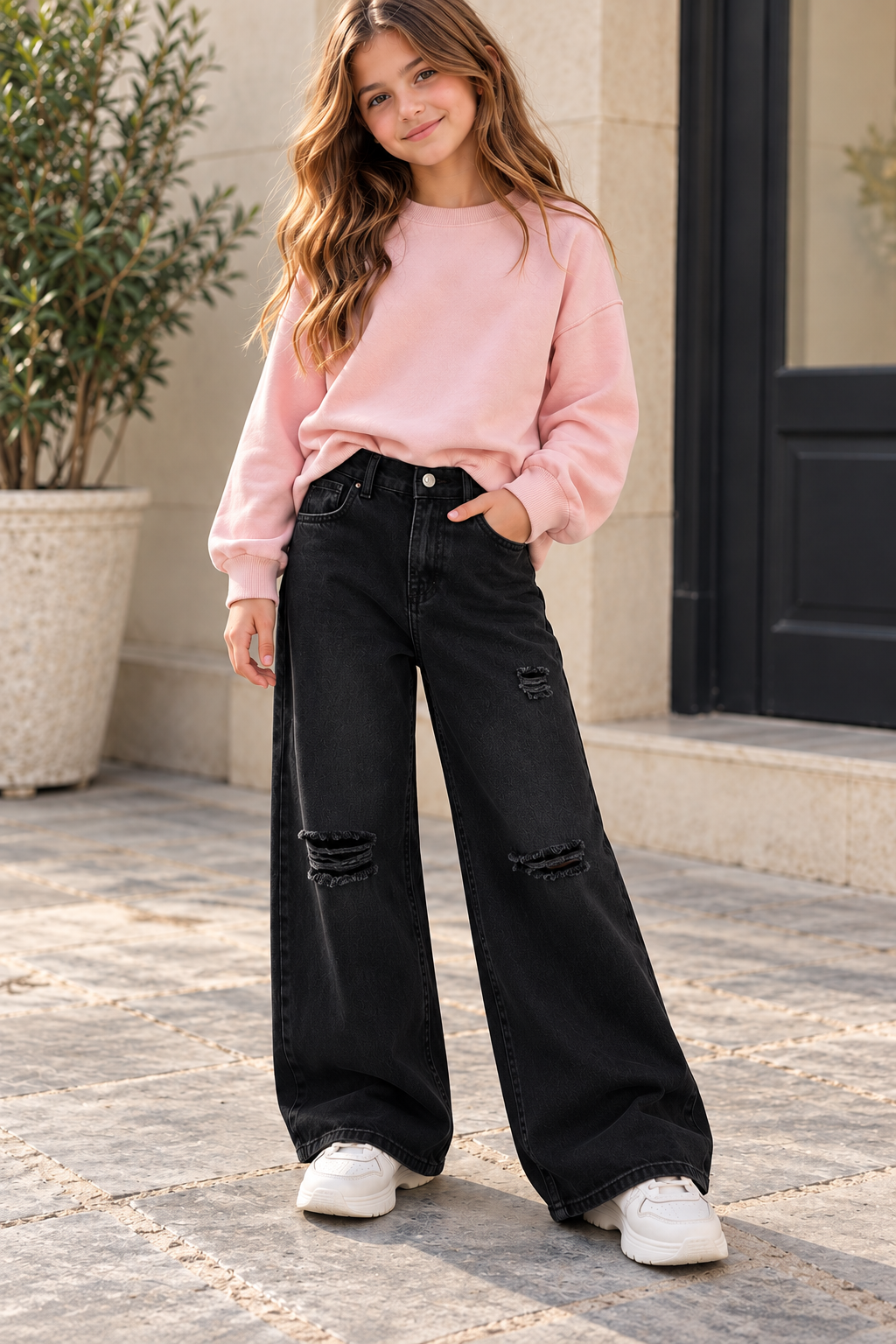 Black Ripped Wide-Leg Jeans