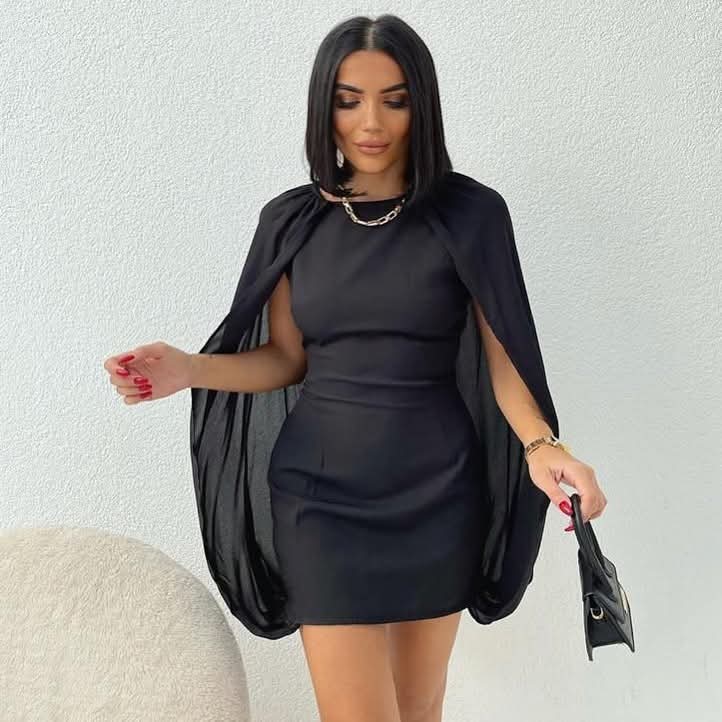 Cape Sleeve Backless Dress- Black