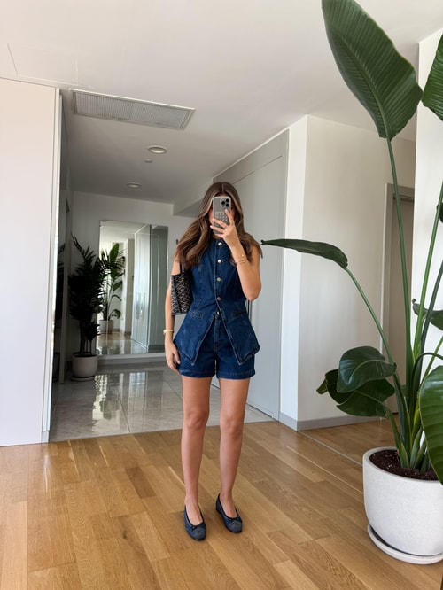 Denim Button Up Vest + Shorts - Set