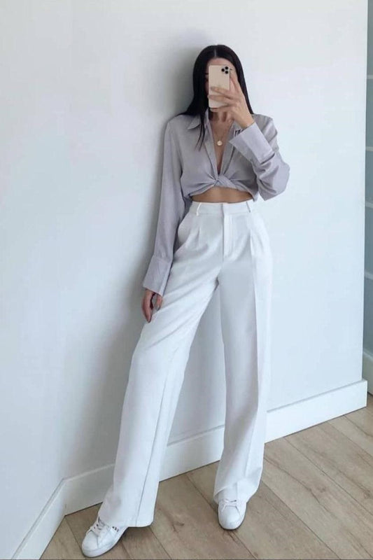 White Mid-Rise Wide-Leg Trousers