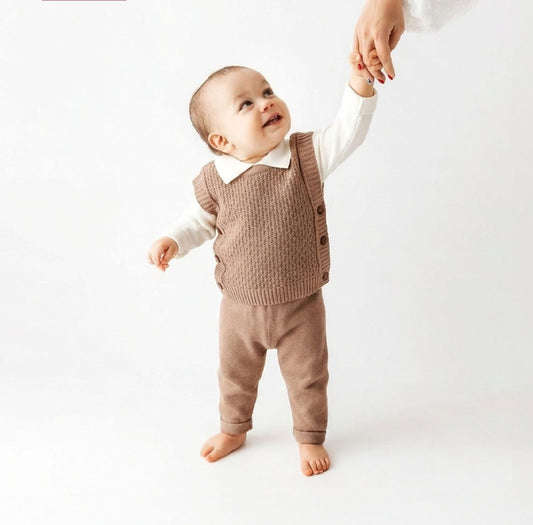 Baby Taupe Knit Vest & Pants Outfit