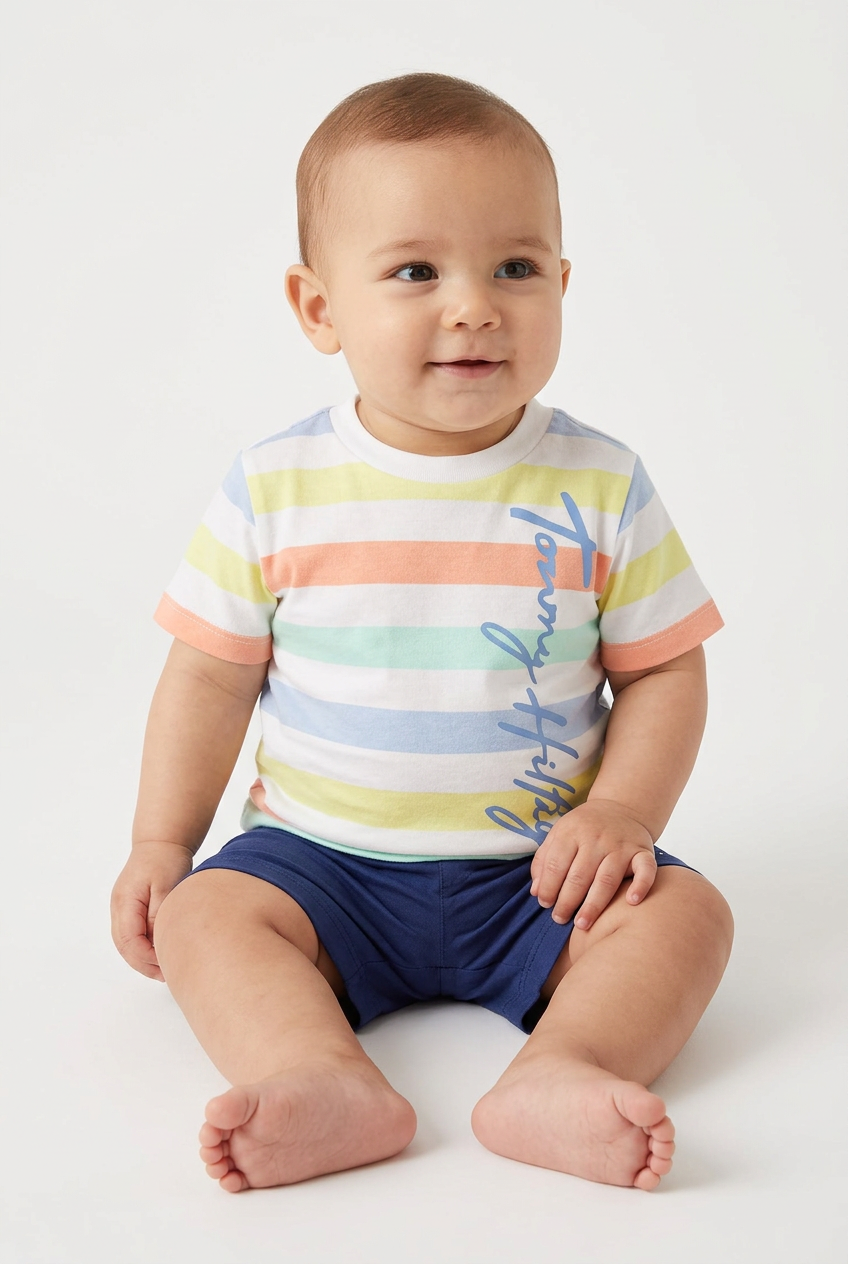 Six-month-old boy wearing the striped tee and navy shorts