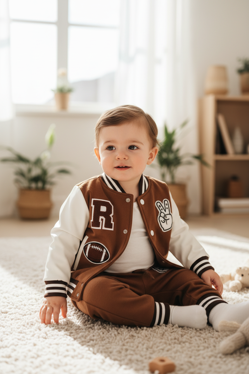 Baby Boy 3 Piece Brown Varsity Jacket - Bodysuit & Jogger Set