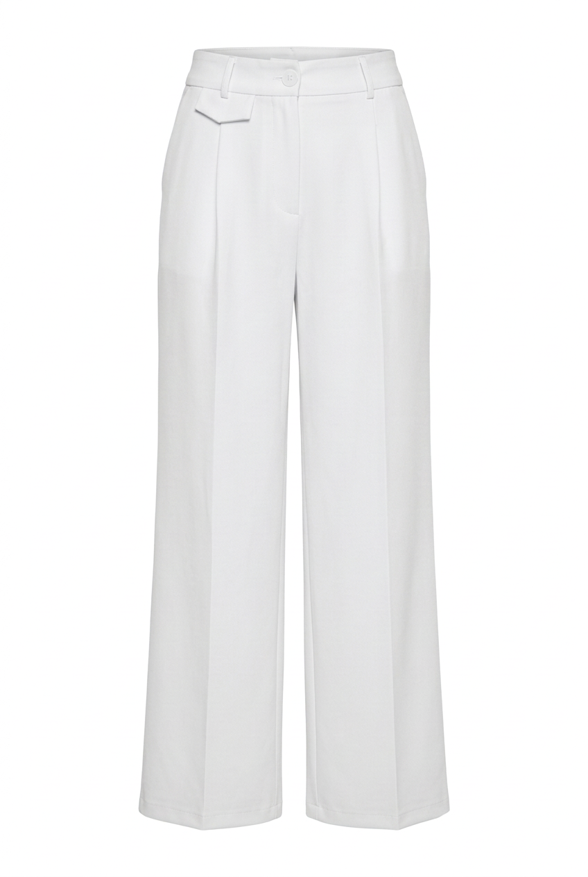 White tailored wide-leg trousers on a white background