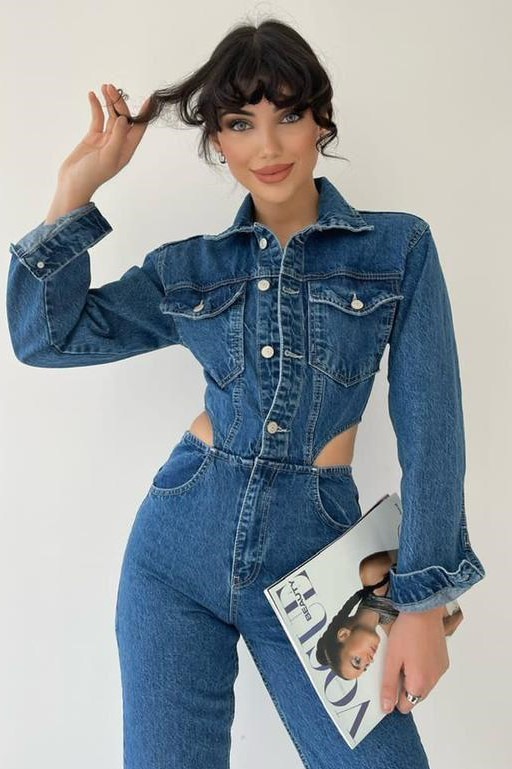 Cut Out Denim Jumpsuit - Sara's Corner