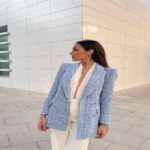 Double Breasted Tweed Blue Blazer Coat