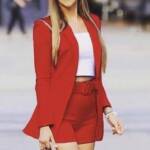 Lapel Collar Open Front Long Blazer and Shorts Set