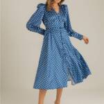 Polka Dot Patterned Button Up Satin Dress