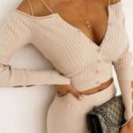 Knitted Two-Piece Set Off Shoulder Crop Top and Long Skirt