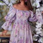 Allover Floral Print Shirred Off Shoulder Slit Ruffle Hem Dress