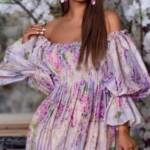Allover Floral Print Shirred Off Shoulder Slit Ruffle Hem Dress - Image 3