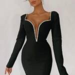 Elegant Strass Detail Bodycon Black Dress