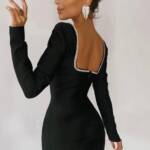 ⁦Elegant Strass Detail Bodycon Black Dress⁩ - الصورة ⁦2⁩