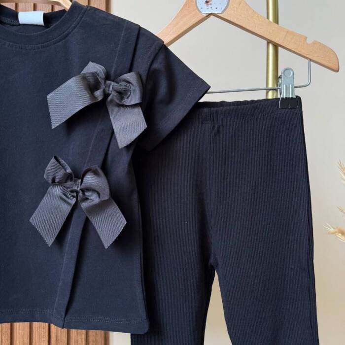 Girls Black Set - Ribbon Detailed Spanish Leg Camisole