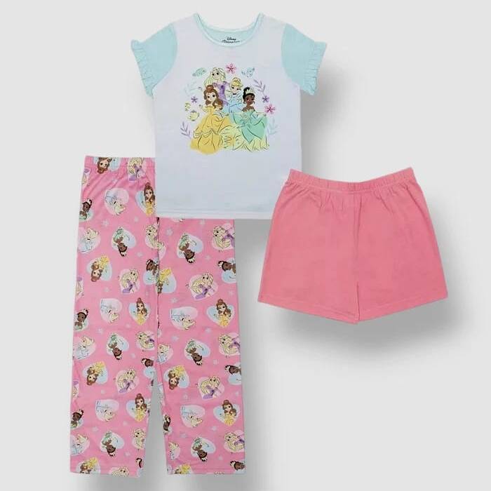 DISNEY PRINCESS Big Girls Shorts T-shirt & Pajama 3 Piece Set Multicolor